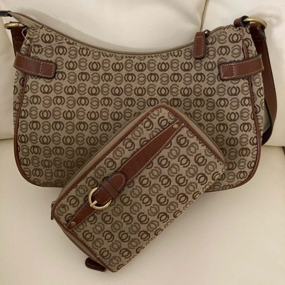 Brown Patterned Shoulder Bag with Matching Wallet